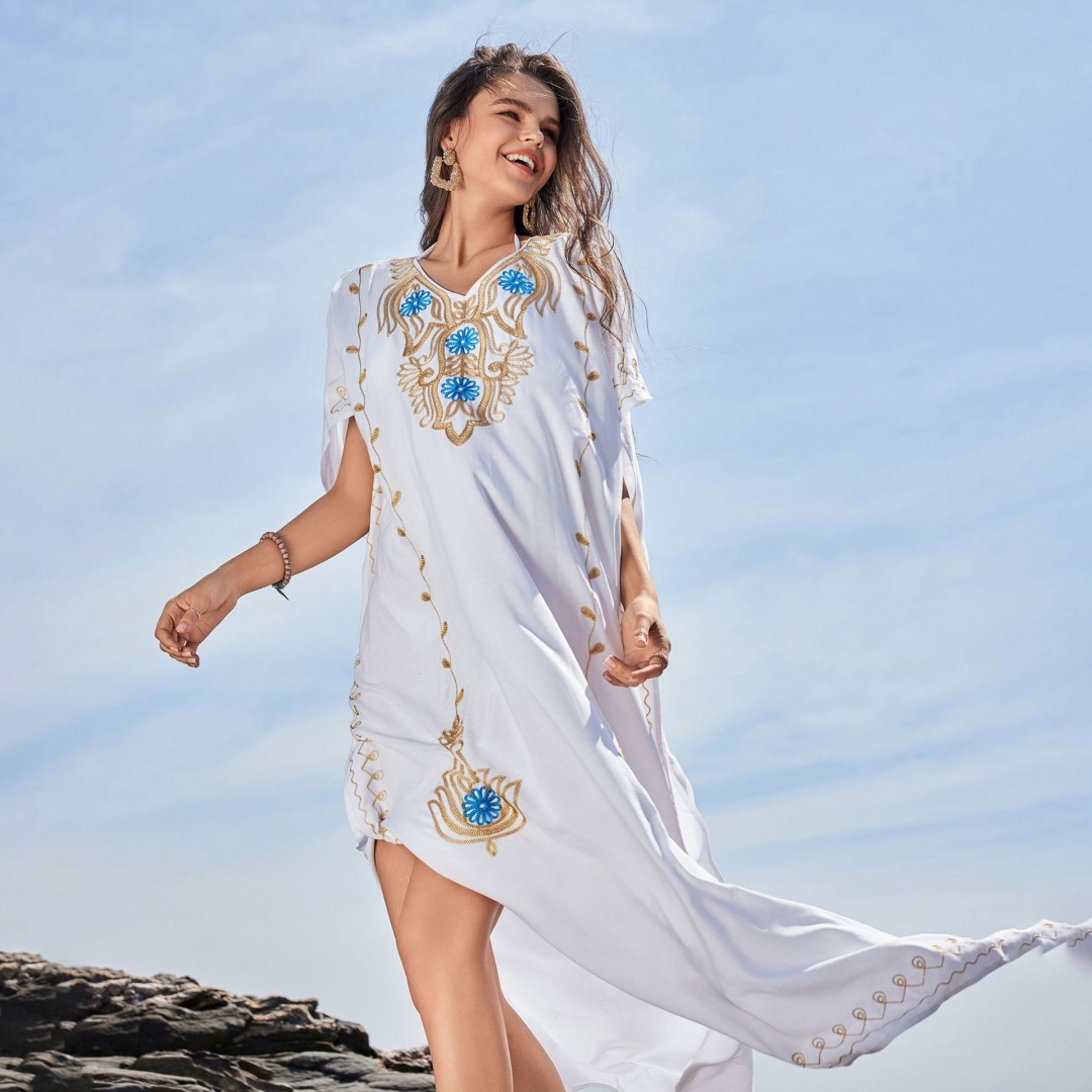 Женская вышивка с коротким рукавом Beach Kaftan Side Split Cover Up Dress